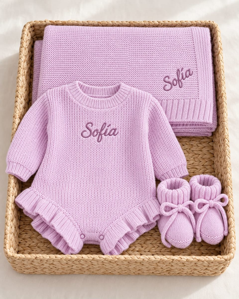 Set de regalo de punto en color lila con el nombre bordado, presentado en cesta